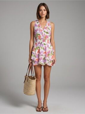 Ramy Brook Asher Tropical Floral Tiered Mini Dress NWT Size L Resort Vacation